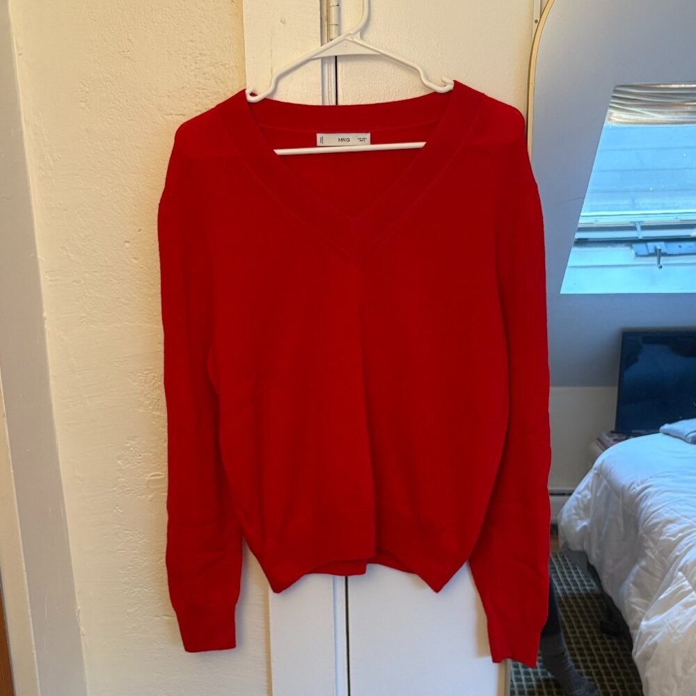 Mango V-Neck Wool Sweater - Red, L